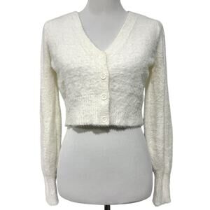 Freshman 1996 Cardigan Sweater Fuzzy White Cropped Button Front V-Neck Sz Small